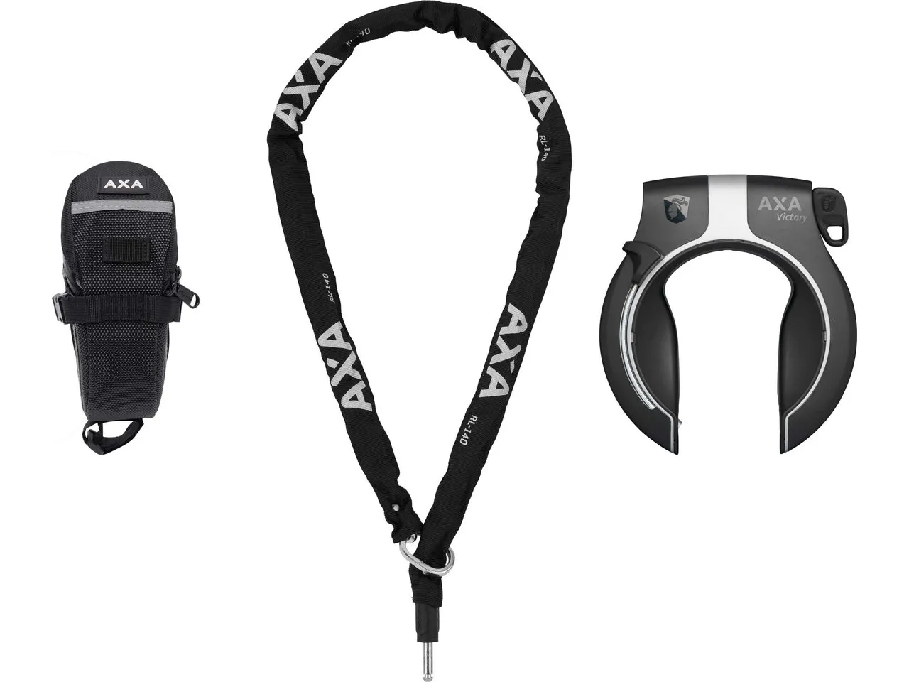 Axa Victory Rahmenschloss + RLC 140 Einsteckkette + Satteltasche Set, Schwarz, one_size