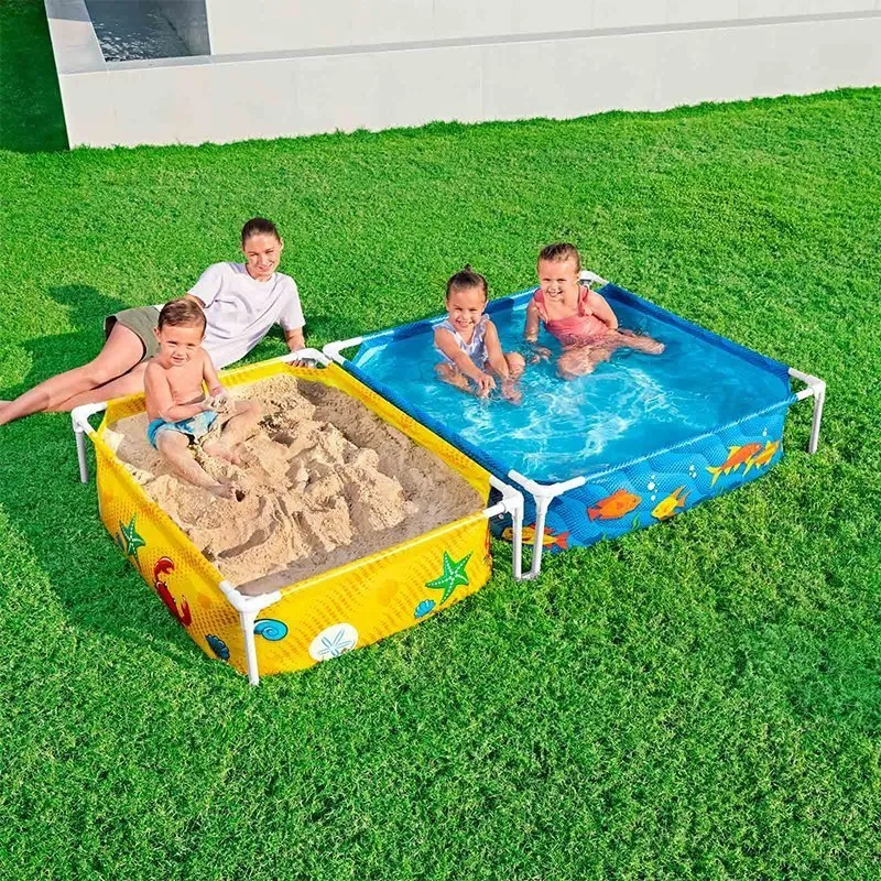 Bestway 561 Quadratischer Abnehmbarer Rohrrahmenpool Mit Sandkasten, Blue / yellow, 213 x 122 x 30.5cm Bestway 561 Quadratischer Abnehmbarer Rohrrahmenpool Mit Sandkasten, Blue / yellow, 213 x 122 x 30.5cm