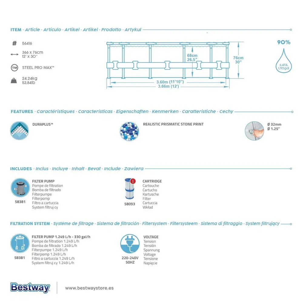 Bestway 56416 Steel Pro Max Ø366x76cm Runder Rohrpool, White / grey / blue, 6473L Bestway 56416 Steel Pro Max Ø366x76cm Runder Rohrpool, White / grey / blue, 6473L
