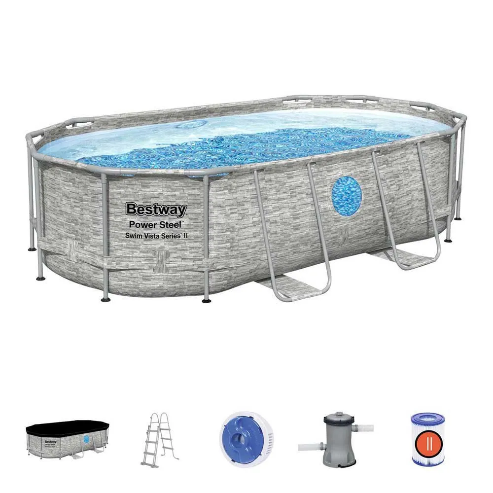 Bestway 56714 Power Steel Swim Vista 427x250x100cm Ovales Rohrpool, Grey / blue, 7250L Bestway 56714 Power Steel Swim Vista 427x250x100cm Ovales Rohrpool, Grey / blue, 7250L