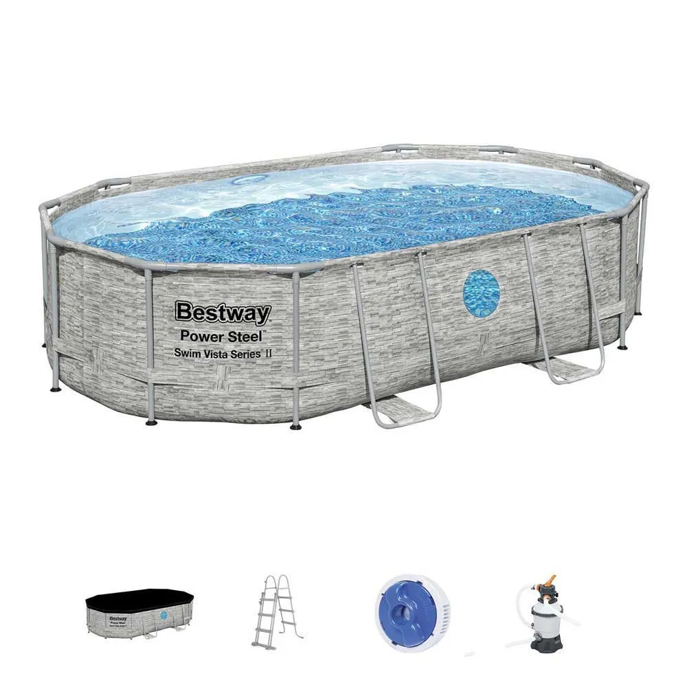 Bestway 56946 Power Steel Swim Vista 488x305x107cm Ovales Rohrpool, Grey / blue, 10949L Bestway 56946 Power Steel Swim Vista 488x305x107cm Ovales Rohrpool, Grey / blue, 10949L