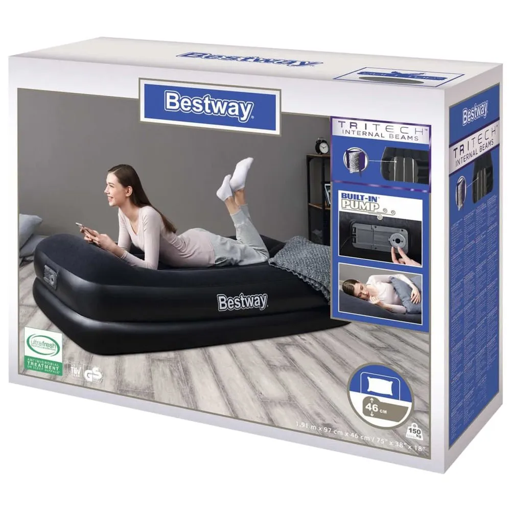 Bestway Aufblasbare Beflockte Luftmatratze Mit Eingebauter Elektrischer Luftpumpe, Black, One Size Bestway Aufblasbare Beflockte Luftmatratze Mit Eingebauter Elektrischer Luftpumpe, Black, One Size