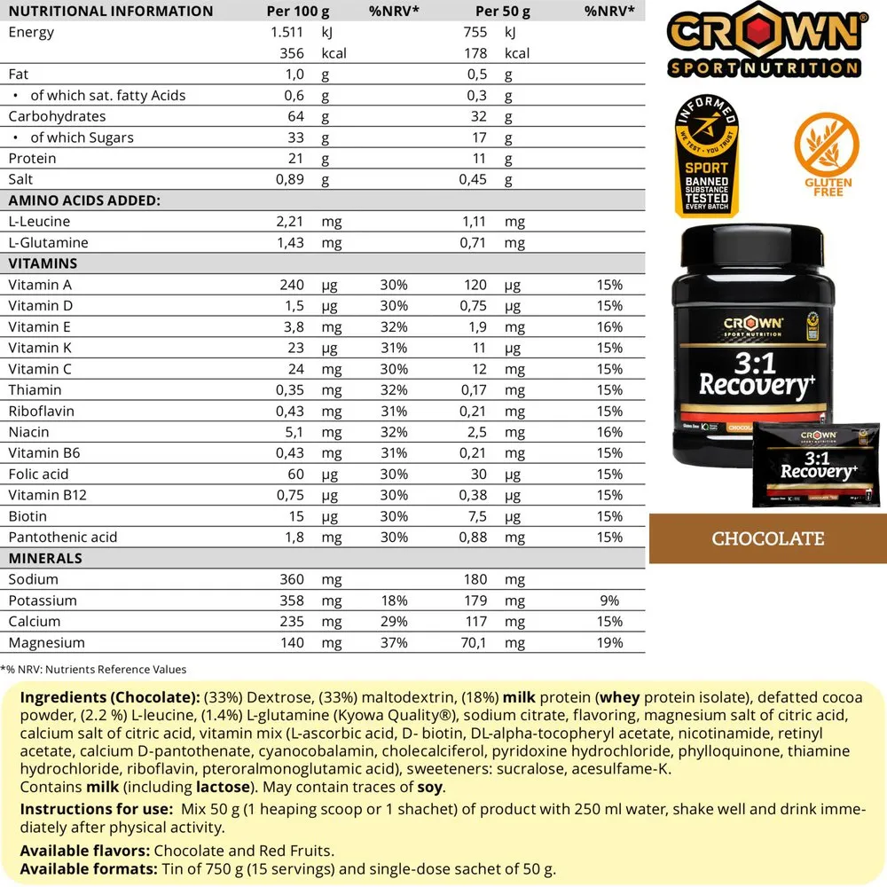 Crown Sport Nutrition 3:1 Recovery+ Recovery-monodose-box Shokolade 50g 10 Einheiten, Black, One Size