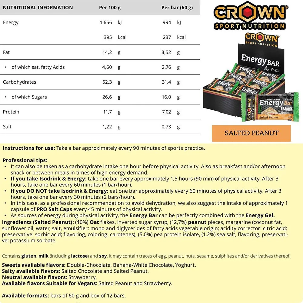 Crown Sport Nutrition Energie-riegel-box Gesalzene Erdnuss 60g 12 Einheiten, Black / brown / green, One Size