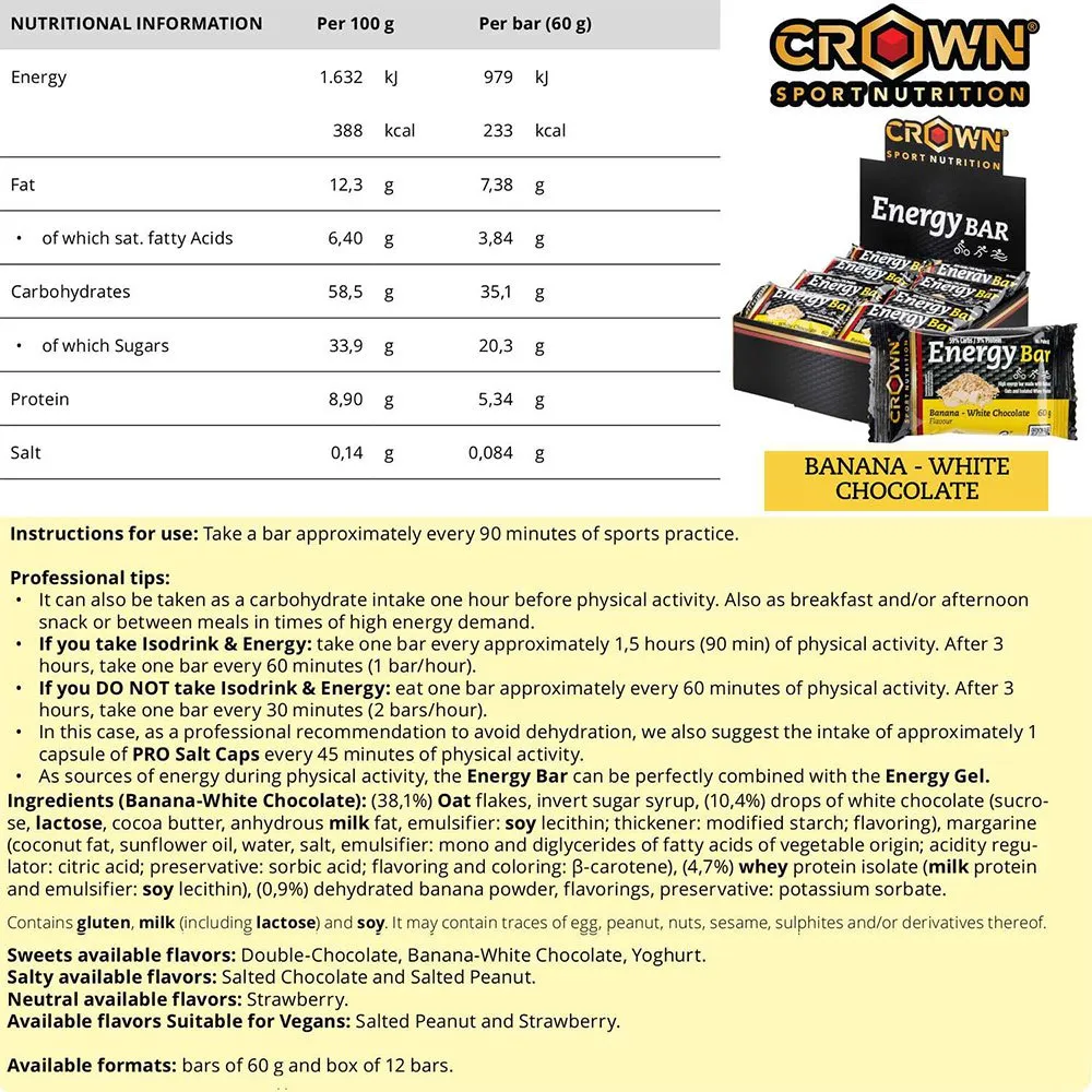 Crown Sport Nutrition Energie-riegel-box Weiße Schokolade Banane 60g 12 Einheiten, Black / yellow, One Size Crown Sport Nutrition Energie-riegel-box Weiße Schokolade Banane 60g 12 Einheiten, Black / yellow, One Size