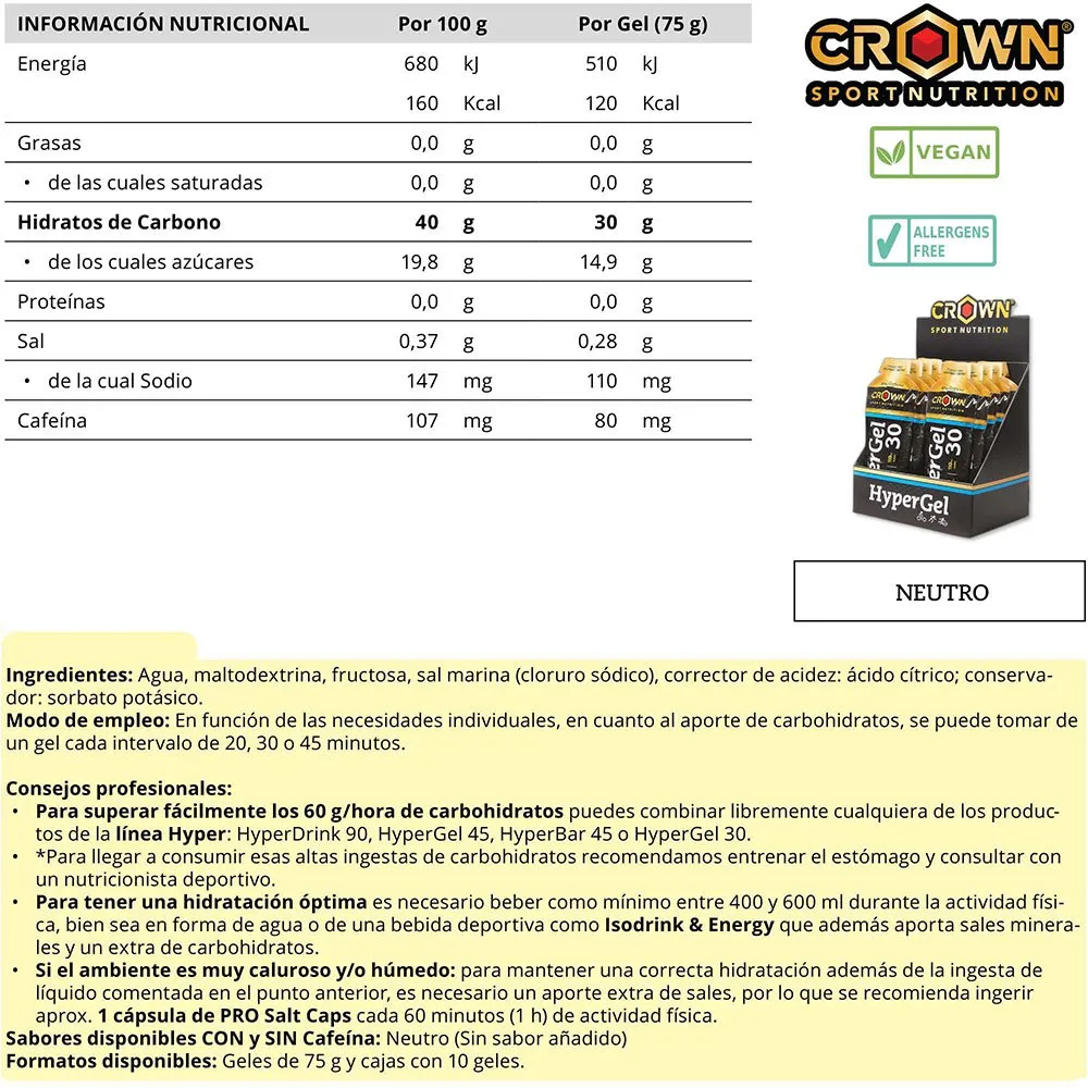Crown Sport Nutrition Hyper 30 Hydro Neutral Schachtel Mit Energiegelen 75g 10 Einheiten