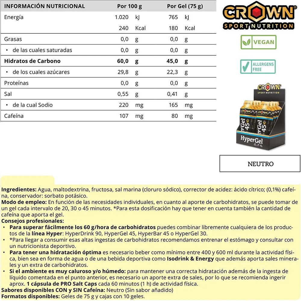 Crown Sport Nutrition Hyper 45 Neutral Schachtel Mit Energiegelen 75g 10 Einheiten