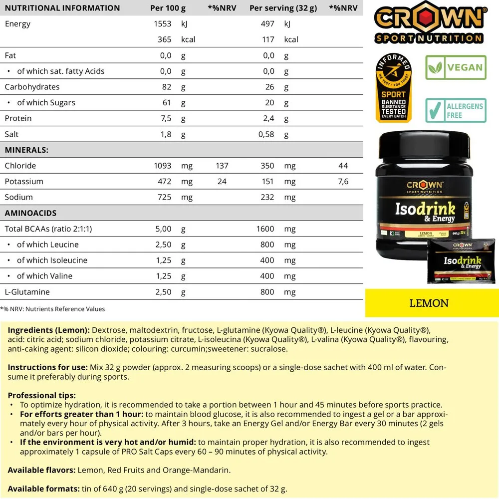 Crown Sport Nutrition Isodrink Isotonische Einzeldosis-box Zitrone 32g 12 Einheiten, Black, One Size