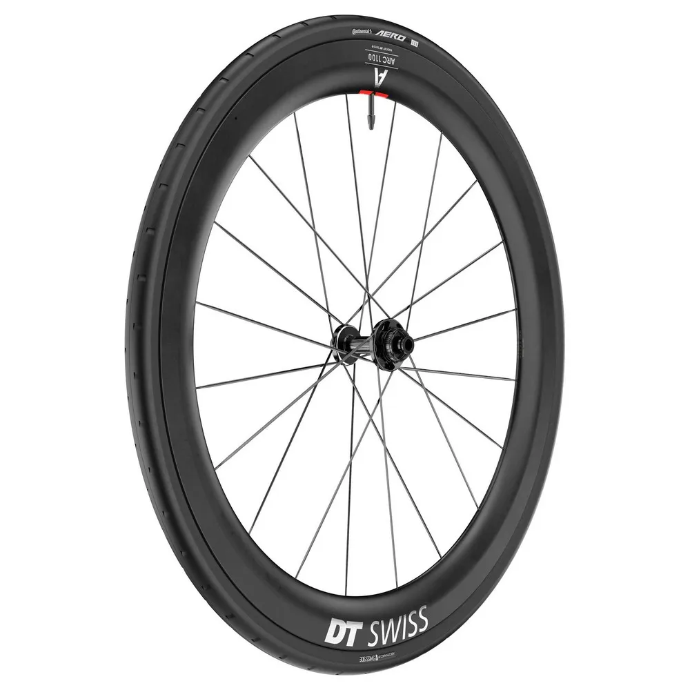 DT Swiss Arc 1100 Dicut 55 Cl Disc Tubeless + Continental Aero 111 29-622 Rennrad-vorderrad, Black, 12 x 100mm DT Swiss Arc 1100 Dicut 55 Cl Disc Tubeless + Continental Aero 111 29-622 Rennrad-vorderrad, Black, 12 x 100mm