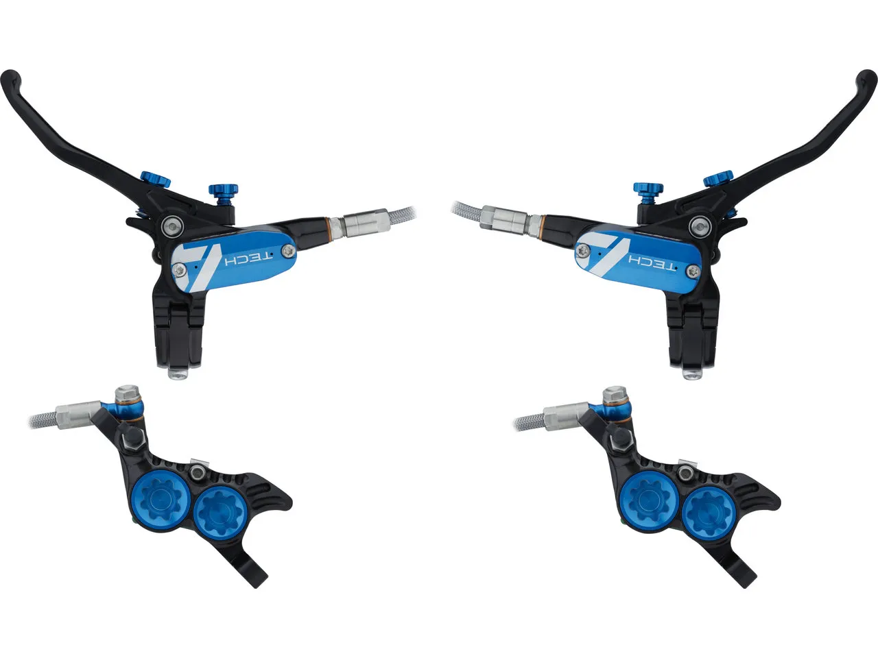 Hope Tech 4 V4 v+h Set Scheibenbremse mit Stahlflexleitung, Blau, Satz (VR + HR) Hope Tech 4 V4 v+h Set Scheibenbremse mit Stahlflexleitung, Blau, Satz (VR + HR)