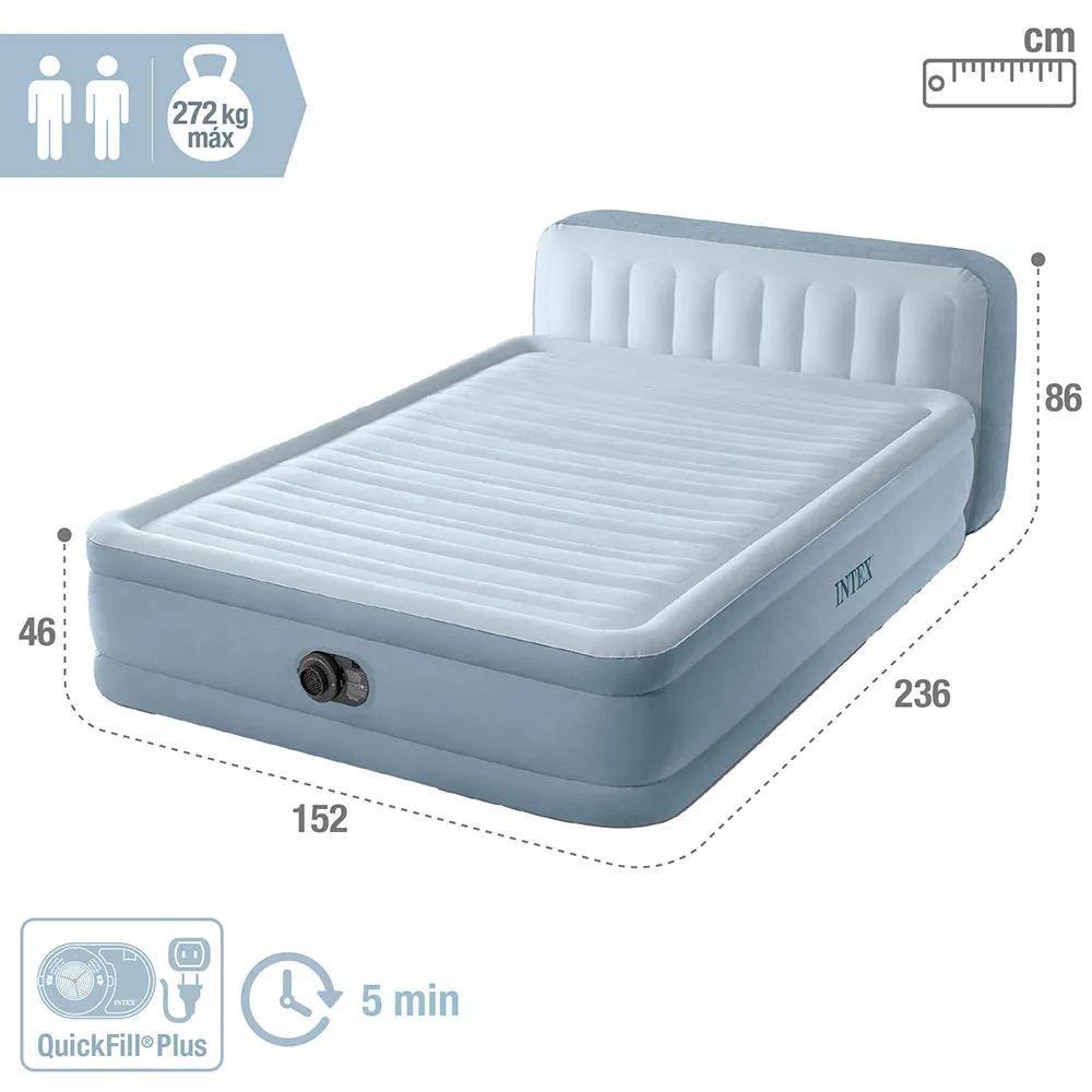 Intex Dura-beam Deluxe Plush Queen Size With Headboard Doppel-luftbett, Grey, 152 x 236 x 86cm