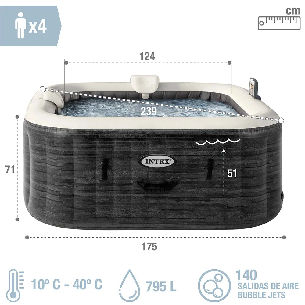 Intex Greystone Deluxe 175x175x71 Cm Aufblasbarer Whirlpool, Grey, 795L Intex Greystone Deluxe 175x175x71 Cm Aufblasbarer Whirlpool, Grey, 795L