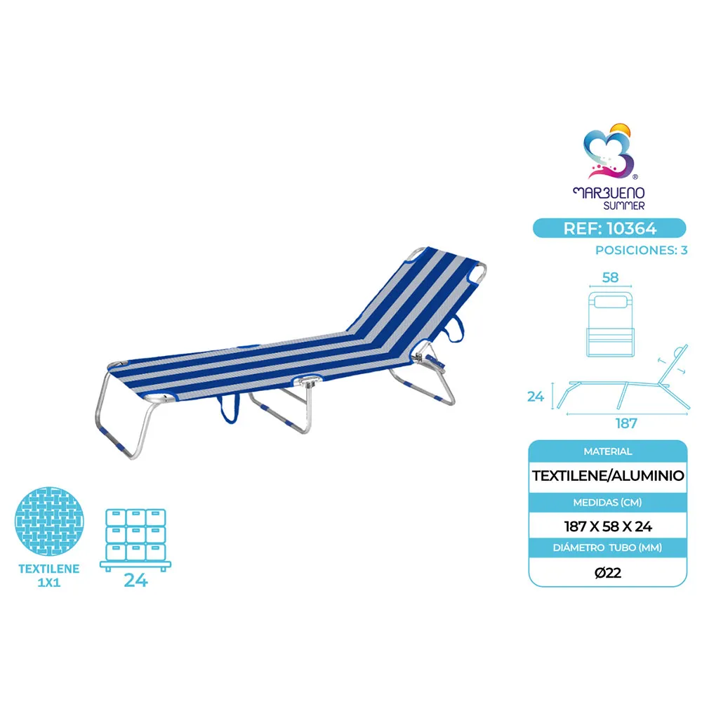 Marbueno Summer 10364 187x58x24 Cm Klappbare Sonnenliege, Blue / white, 187 x 58 x 24cm Marbueno Summer 10364 187x58x24 Cm Klappbare Sonnenliege, Blue / white, 187 x 58 x 24cm
