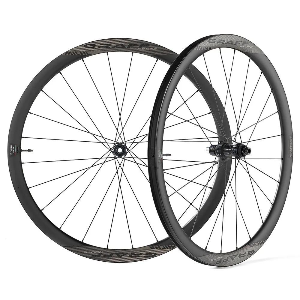 Miche Graff Route 700c Disc Tubeless Rennrad Laufradsatz, Black, 12 x 100 / 12 x 142mm, Shimano Micro Spline Miche Graff Route 700c Disc Tubeless Rennrad Laufradsatz, Black, 12 x 100 / 12 x 142mm, Shimano Micro Spline