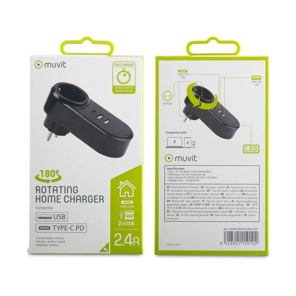 Muvit Smart Travel 2 Usb Ports 2.4 And Type C Pd 12w Ladegerät, Black, One Size, EU Plug 220V Muvit Smart Travel 2 Usb Ports 2.4 And Type C Pd 12w Ladegerät, Black, One Size, EU Plug 220V