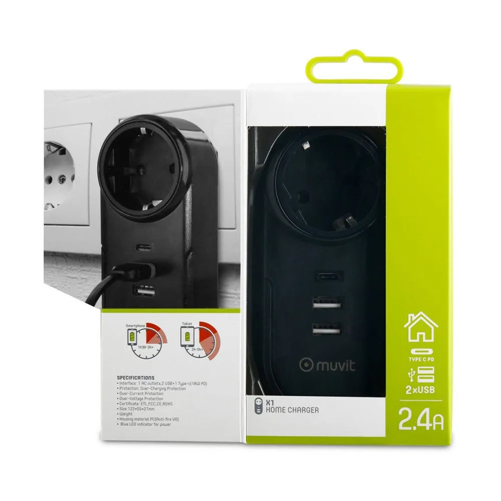 Muvit Smart Travel 2 Usb Ports 2.4 And Type C Pd 12w Ladegerät, Black, One Size, EU Plug 220V Muvit Smart Travel 2 Usb Ports 2.4 And Type C Pd 12w Ladegerät, Black, One Size, EU Plug 220V