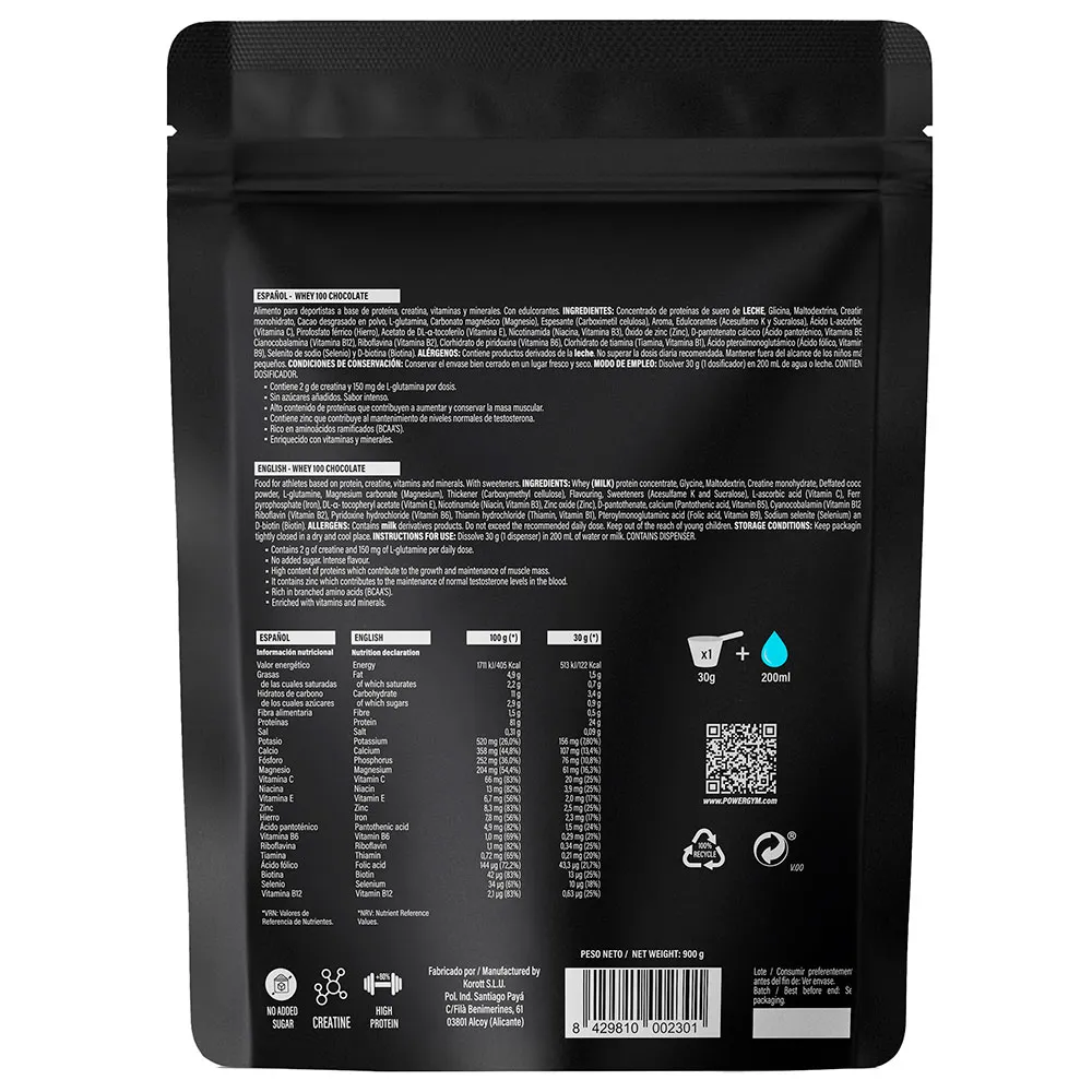 Powergym 100 Molkenprotein Schokolade 900g, One size Powergym 100 Molkenprotein Schokolade 900g, One size