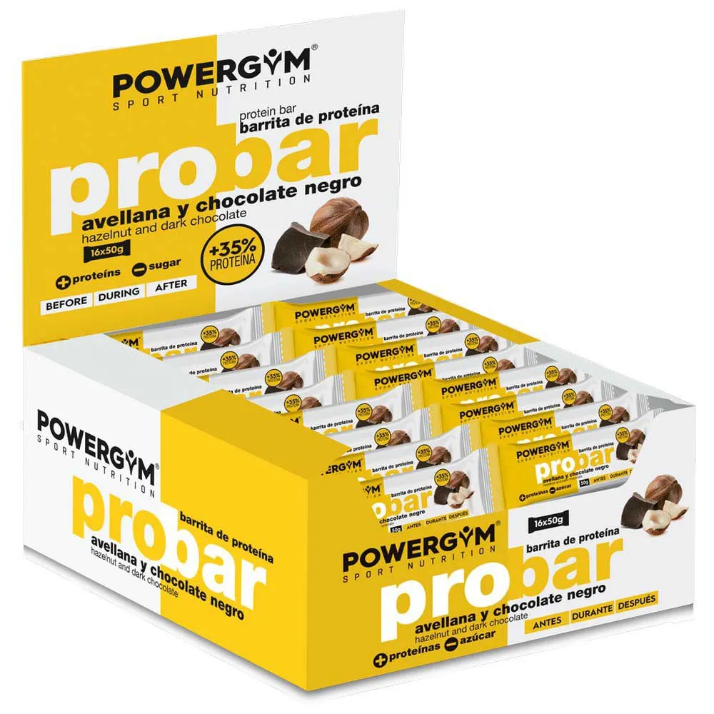 Powergym Probar Proteinriegelbox Zartbitterschokolade Und Haselnuss 50g 16 Einheiten, Yellow, One Size Powergym Probar Proteinriegelbox Zartbitterschokolade Und Haselnuss 50g 16 Einheiten, Yellow, One Size