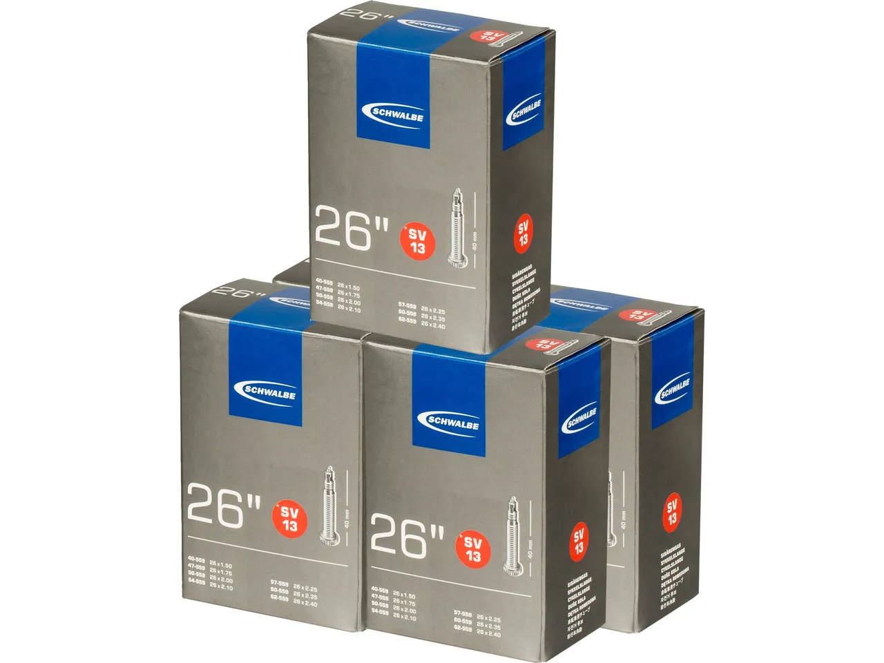 Schwalbe Schlauch 13 für 26" - 5 Stück, Schwarz, 26 x 1.5-2.5 SV 40mm Schwalbe Schlauch 13 für 26" - 5 Stück, Schwarz, 26 x 1.5-2.5 SV 40mm
