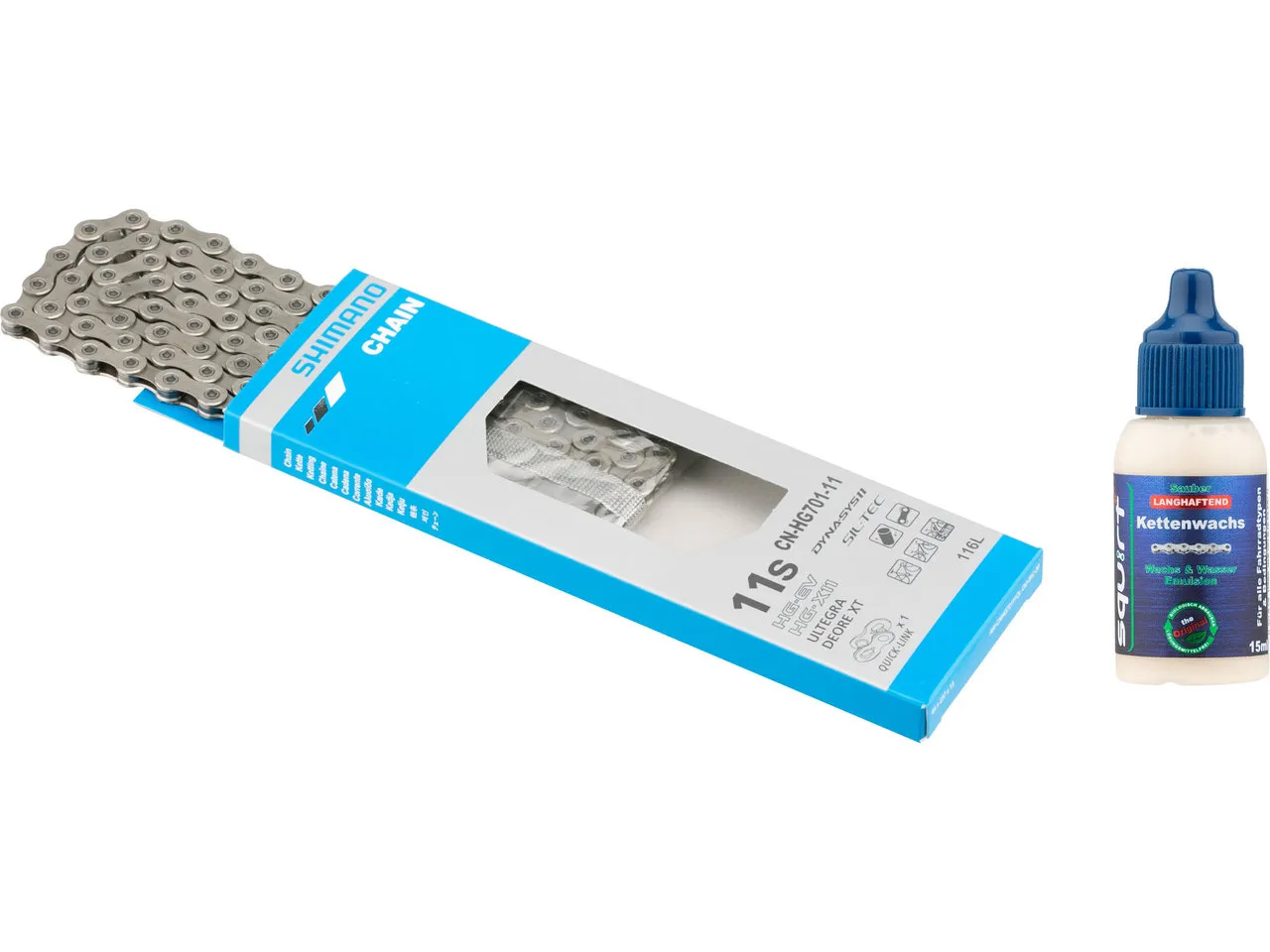 Shimano Kette CN-HG701-11 11-fach + squirt Lube Kettenwachs 15 ml, Grau, 11 fach / 116 Glieder Shimano Kette CN-HG701-11 11-fach + squirt Lube Kettenwachs 15 ml, Grau, 11 fach / 116 Glieder