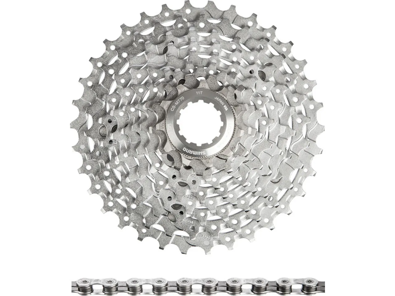 Shimano XT Kassette CS-M770 + Kette CN-HG93 9-fach Verschleißset, Grau, 11-32 Shimano XT Kassette CS-M770 + Kette CN-HG93 9-fach Verschleißset, Grau, 11-32