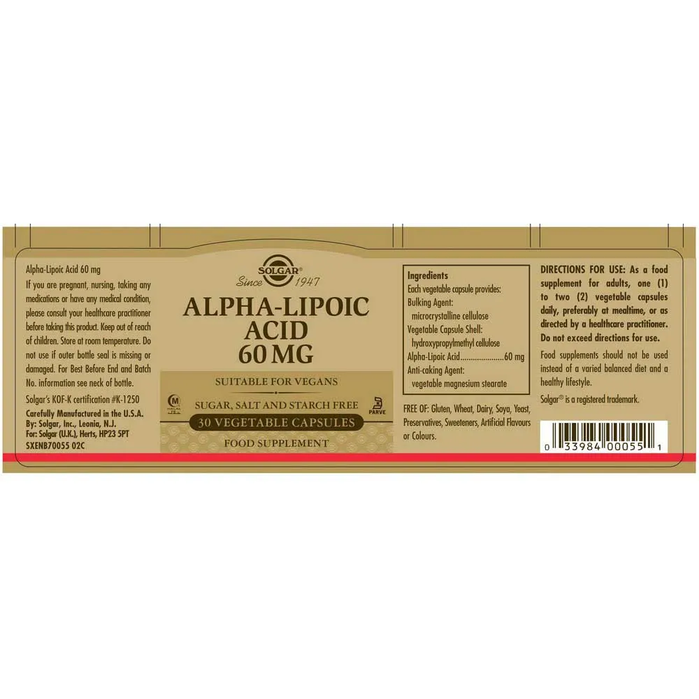 Solgar Alpha-liponsäure 60 Mg 30 Einheiten, Brown, One Size Solgar Alpha-liponsäure 60 Mg 30 Einheiten, Brown, One Size