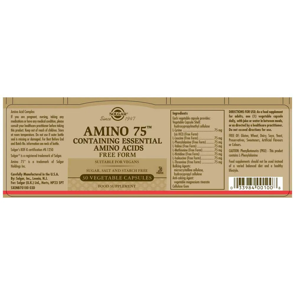 Solgar Amino 75 Kapseln 30 Einheiten, Brown, One Size Solgar Amino 75 Kapseln 30 Einheiten, Brown, One Size