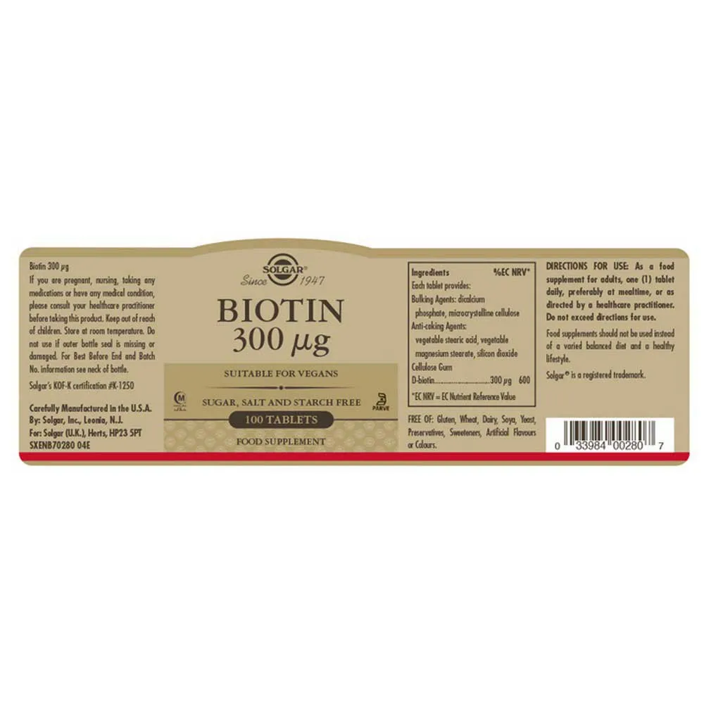 Solgar Biotin 300mcg Tabletten 100 Einheiten, Golden, One Size Solgar Biotin 300mcg Tabletten 100 Einheiten, Golden, One Size