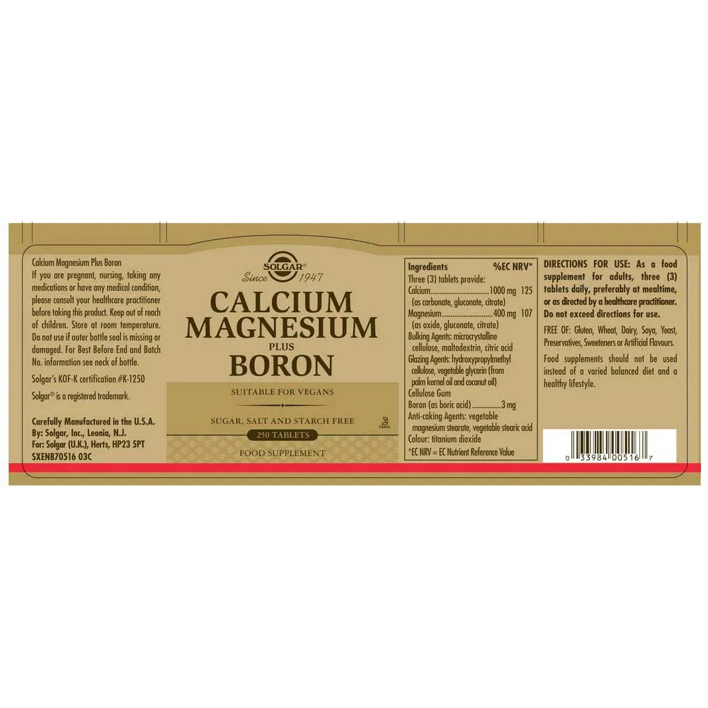 Solgar Ca/mg Plus Bor 250 Einheiten, Brown, One Size Solgar Ca/mg Plus Bor 250 Einheiten, Brown, One Size