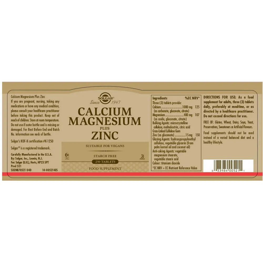 Solgar Calcium/magnesium/zink 250 Einheiten, Brown, One Size Solgar Calcium/magnesium/zink 250 Einheiten, Brown, One Size