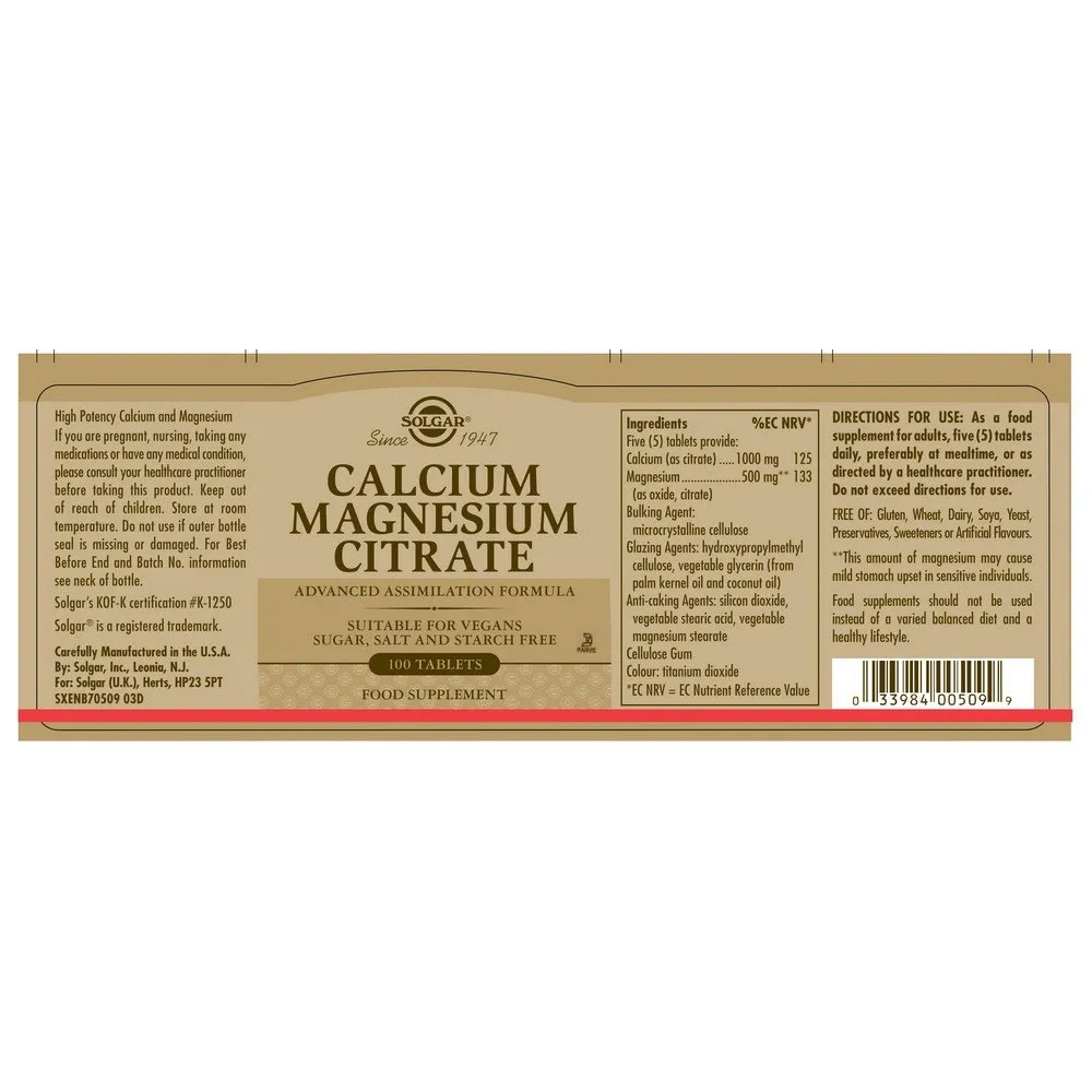 Solgar Calcium-/magnesiumcitrat 100 Einheiten, Brown, One Size
