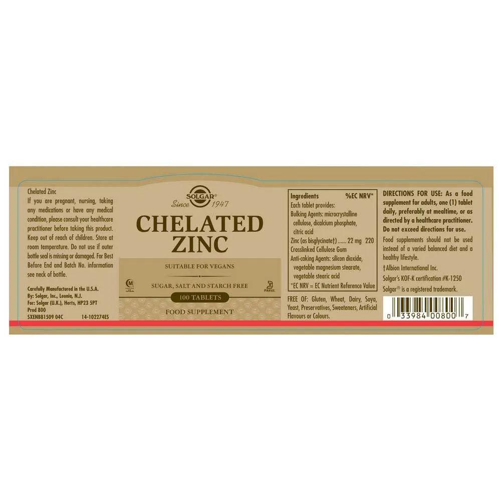 Solgar Chelated Zinc Tabletten 100 Einheiten, Golden, One Size Solgar Chelated Zinc Tabletten 100 Einheiten, Golden, One Size