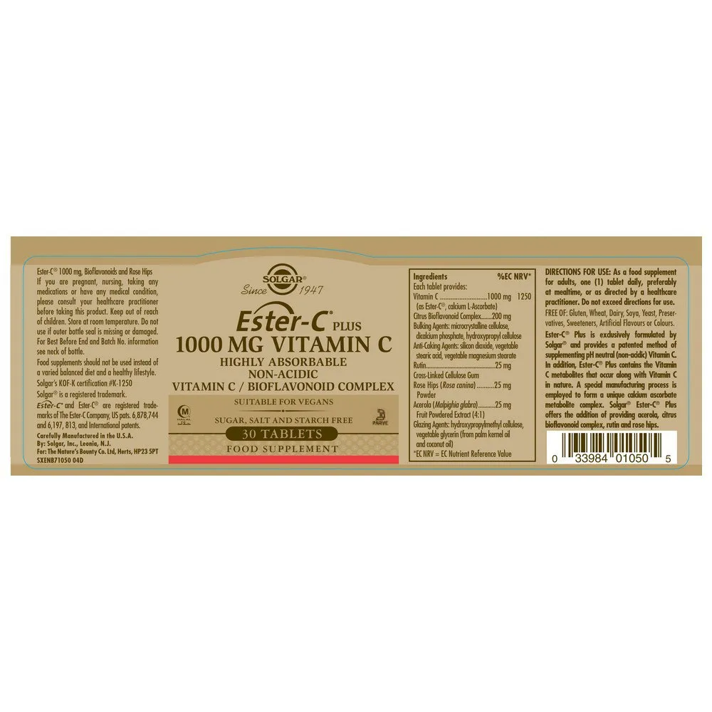 Solgar Ester-c Plus 1000mg Tabletten 30 Einheiten, Brown, One Size Solgar Ester-c Plus 1000mg Tabletten 30 Einheiten, Brown, One Size