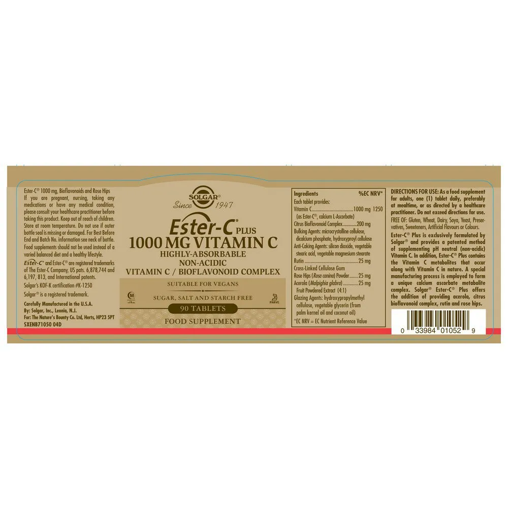 Solgar Ester-c Plus 1000mg Tabletten 90 Einheiten, Brown, One Size Solgar Ester-c Plus 1000mg Tabletten 90 Einheiten, Brown, One Size