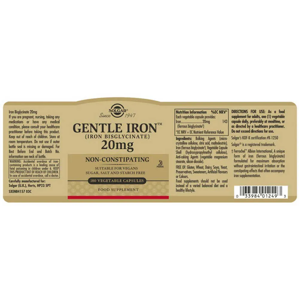 Solgar Iron Gentle 20mg Tabletten 180 Einheiten, Brown, One Size
