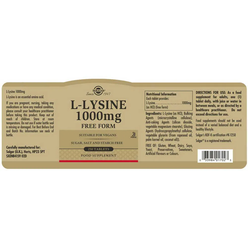 Solgar L-lysin 1000 Mg 250 Einheiten, Brown, One Size Solgar L-lysin 1000 Mg 250 Einheiten, Brown, One Size
