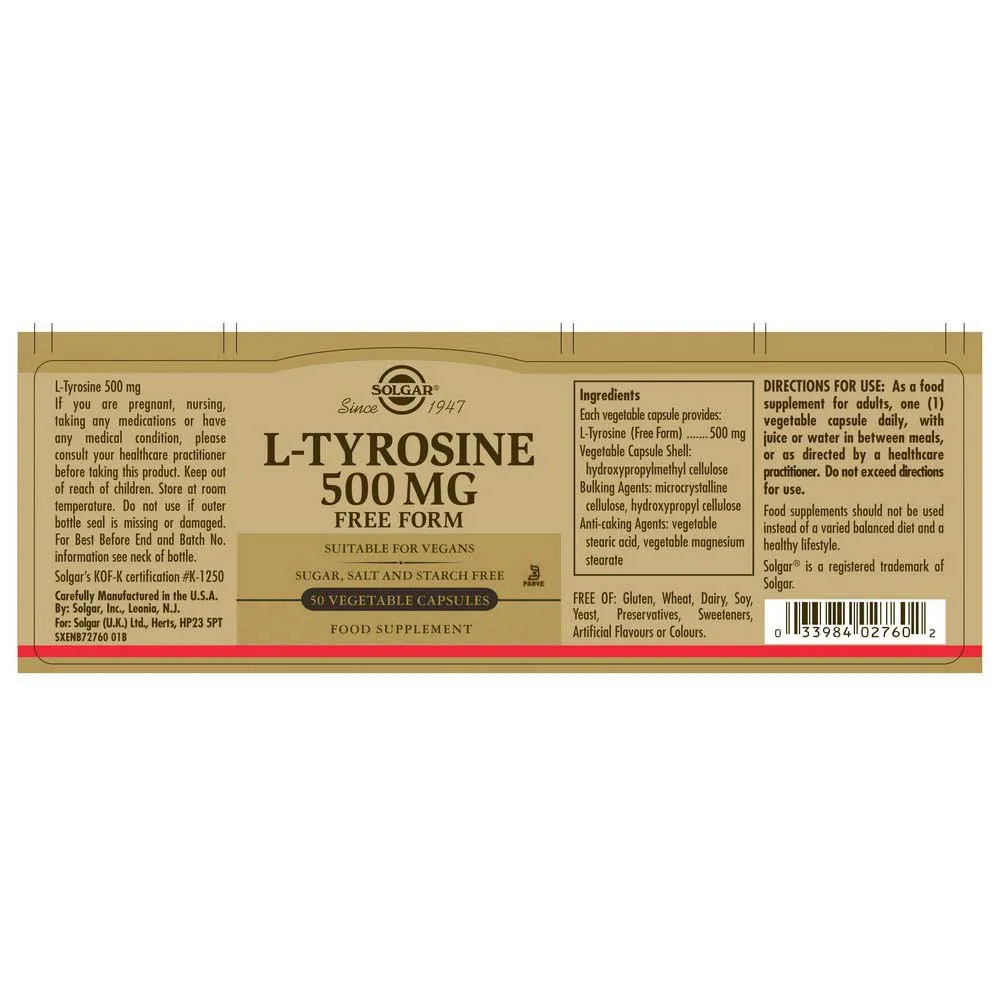 Solgar L-tyrosin 500 Mg 50 Einheiten, Brown, One Size Solgar L-tyrosin 500 Mg 50 Einheiten, Brown, One Size