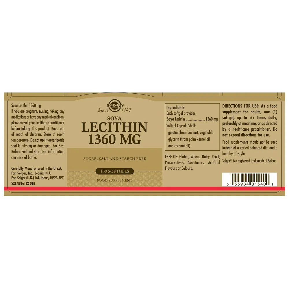 Solgar Lecithin 1360 Mg 100 Einheiten, Brown, One Size Solgar Lecithin 1360 Mg 100 Einheiten, Brown, One Size