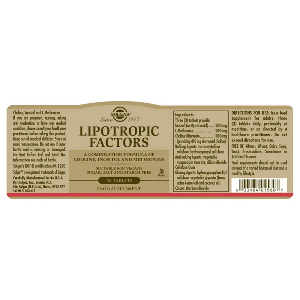Solgar Lipotropic Tabletten 50 Einheiten, Brown, One Size