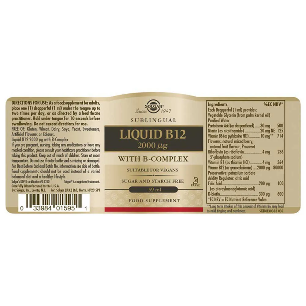 Solgar Liquid B-12 2000µg B-complex Wiederherstellung 59ml, Brown, One Size Solgar Liquid B-12 2000µg B-complex Wiederherstellung 59ml, Brown, One Size