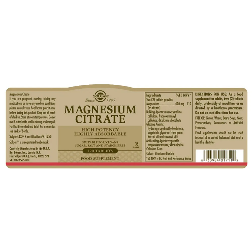 Solgar Magnesium Citrate Tabletten 120 Einheiten, One size Solgar Magnesium Citrate Tabletten 120 Einheiten, One size