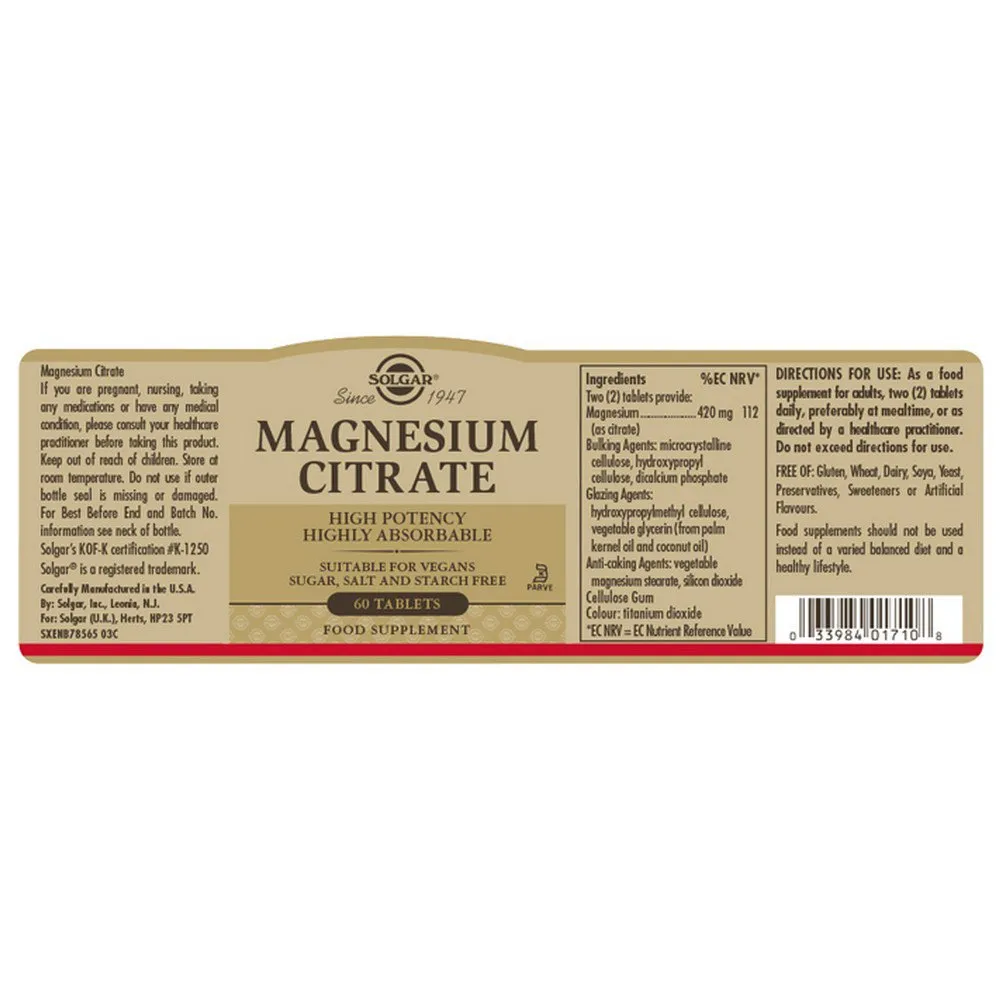 Solgar Magnesium Citrate Tabletten 60 Einheiten, Brown, One Size Solgar Magnesium Citrate Tabletten 60 Einheiten, Brown, One Size