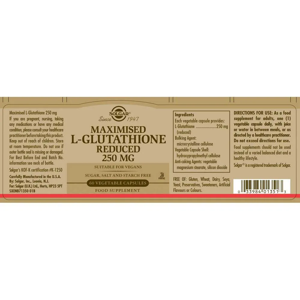 Solgar Maximiertes L-glutathion 250 Mg 60 Einheiten, Brown, One Size Solgar Maximiertes L-glutathion 250 Mg 60 Einheiten, Brown, One Size