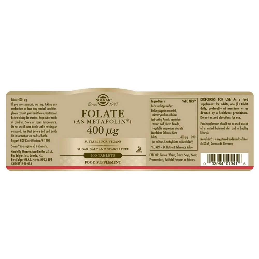 Solgar Metafolin Folate 400mcg Tabletten 100 Einheiten, Brown, One Size Solgar Metafolin Folate 400mcg Tabletten 100 Einheiten, Brown, One Size