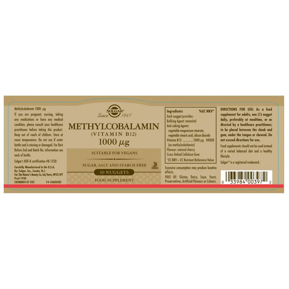 Solgar Methylcobalamin 1000 Mcg 30 Einheiten, Black, One Size Solgar Methylcobalamin 1000 Mcg 30 Einheiten, Black, One Size