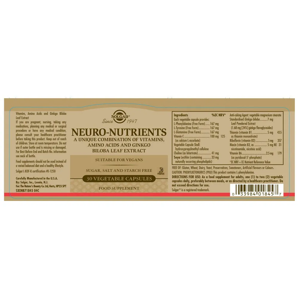 Solgar Neuro Nährstoffe 30 Einheiten, Brown, One Size