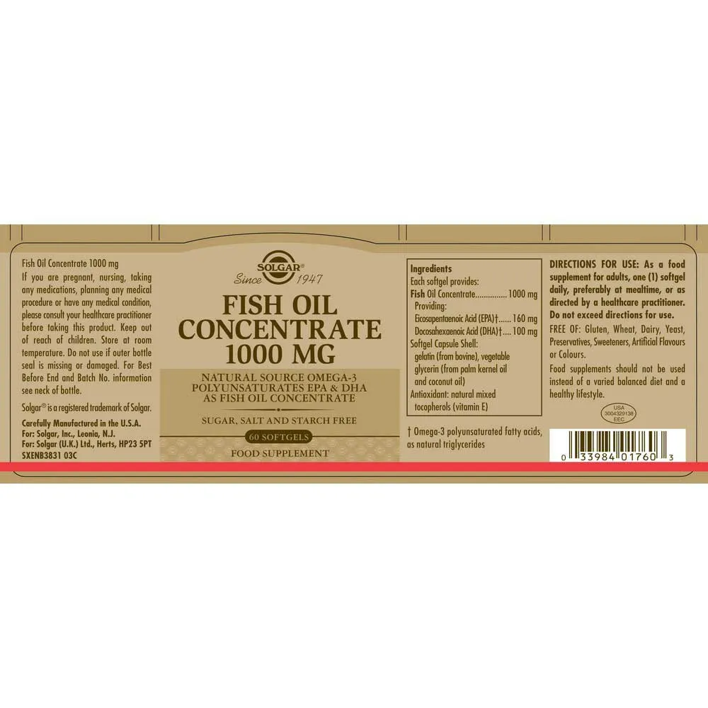 Solgar Ölkonzentrat 1000 Mg Fisch 60 Einheiten, Brown, One Size