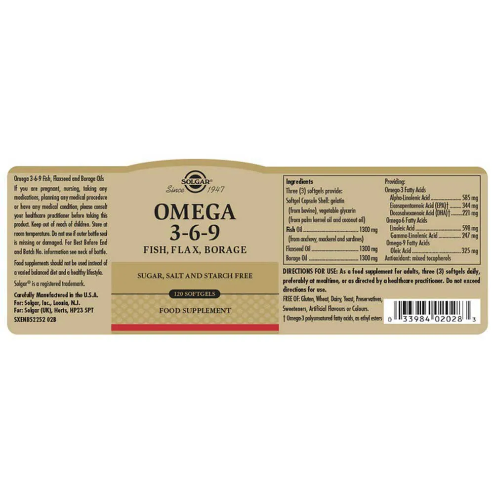 Solgar Omega 3-6-9 Kapseln 120 Einheiten, Brown, One Size