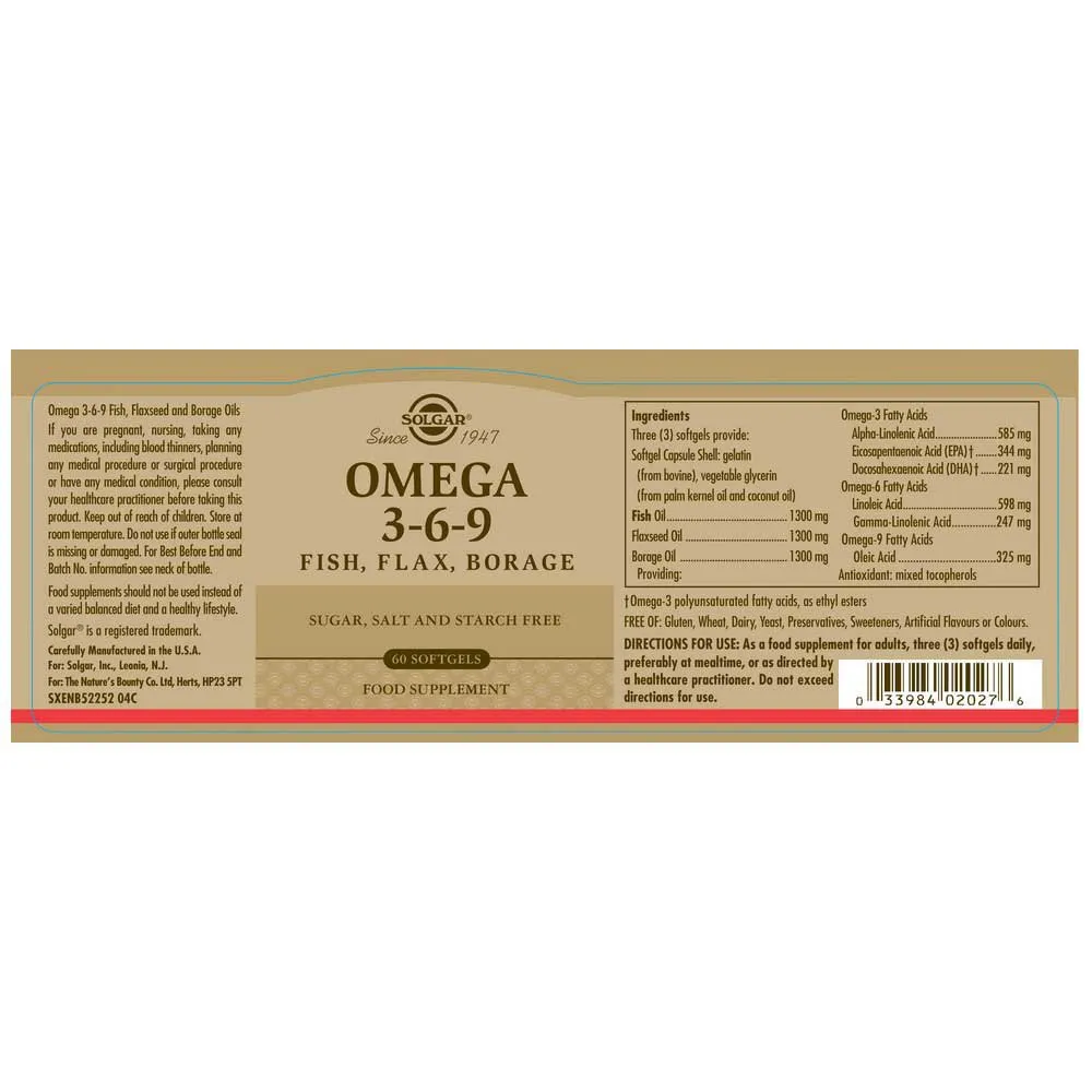Solgar Omega 3-6-9 Kapseln 60 Einheiten, Brown, One Size Solgar Omega 3-6-9 Kapseln 60 Einheiten, Brown, One Size
