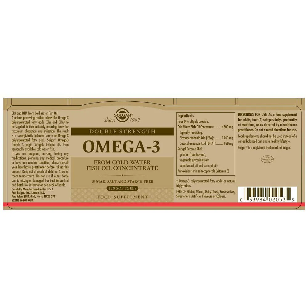 Solgar Omega-3 Doppelte Stärke 120 Einheiten, Brown, One Size Solgar Omega-3 Doppelte Stärke 120 Einheiten, Brown, One Size